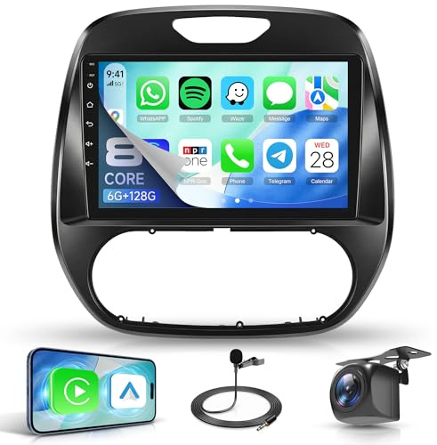 Rimoody 6G+128G 8 Cœurs Autoradio Android pour Renault Clio Captur 2011-2018, 9'' écran Tactile Carplay Android Auto sans Fil FM/RDS/EQ/DSP WiFi GPS Panoramique 360° Commandes au Volant Caméra Recul