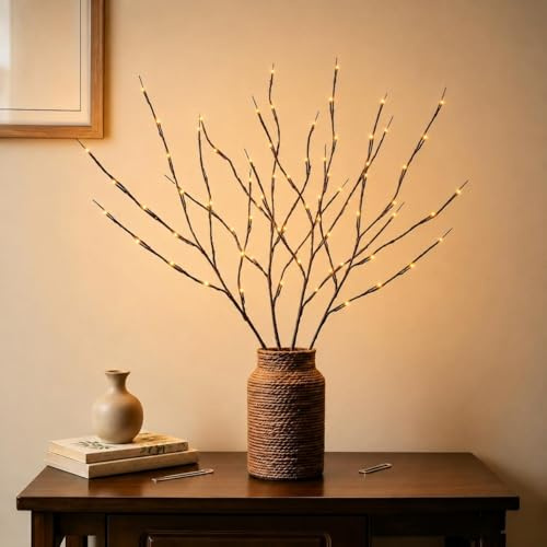 LED Lichterzweige 72cm Warmweiß mit EU-Stecker, Braun Deko Zweige Lichter | 80 LEDs Warmweiß (4 Zweige), Zweige Lichterkette, Ideal für DIY Weihnachtsdeko und Halloween