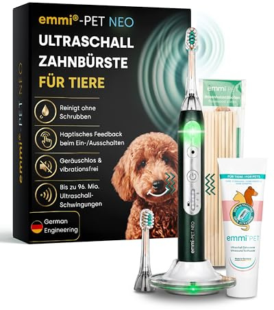 emmi-PET NEO Ultraljudstandborste för hundar | Ljudlös hundtandborste med 3 rengöringslägen för att stödja mot plack & munstank | Tandvård utan skrubbning | 14 dagars batteritid