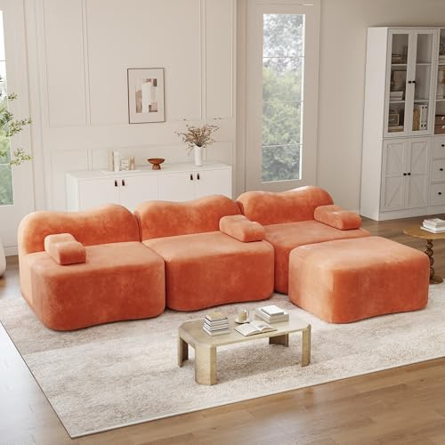 Modulares Ecksofa L-Form mit Hocker, 3-Sitzer Couch Wohnzimmer aus Samt, Boneless Sofa mit 32D Schaumstoff, Wellendesign & Tiefe Sitzfläche, Modernes Relaxsofa für Apartment, 288x167x70 cm, Orange