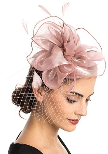 Fascinator Hat Feather Mesh Net Veil Party Hat Flower Derby Hat with Clip and Hairband for Women, Mittel, A2-Floral Mesh Pink