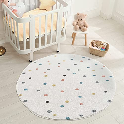 carpet city Teppich Kinderzimmer Creme - Pünktchen, Gepunktet - Kinderteppich 120 cm Rund - Spielteppich Kinder - Babyzimmer Deko