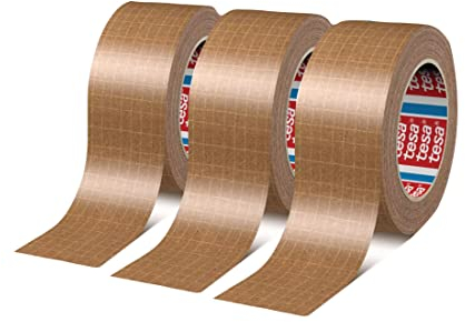 tesapack 60013 Ruban adhésif en papier renforcé, résistant au vieillissement et à la déchirure, silencieux et fort adhésif, Lot de 3 rouleaux (> 25 kg)