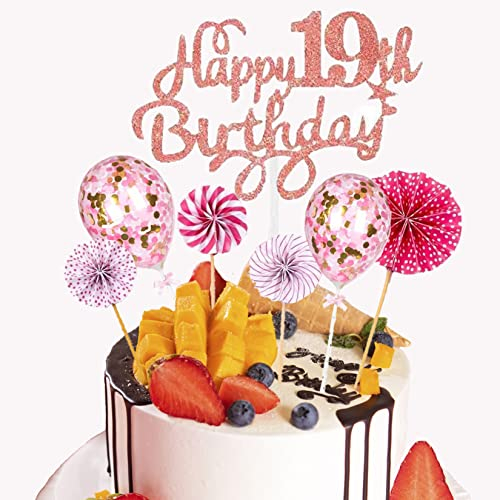 HCRXVV 19.Geburtstag Tortendeko Rosa fur Mädchen,19th Happy Birthday Glitzer Tortendeko,Konfettiballons Cake Topper und Papierfächer Kuchen Deko für Geburtstag(7Stück)