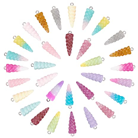 SUNNYCLUE 1 Box 32 Stück Harz Einhorn Horn Charms Einhorn Charm Perlen Glitzer Einhorn Horn Charm Lose Perlen für DIY Party Gastgeschenk Dekoration Handwerk Armband Halskette Ohrringe