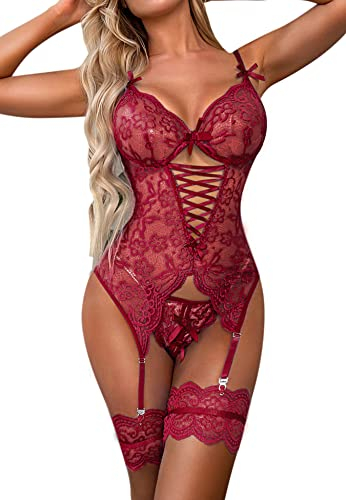 EVELIFE Women's Lingerie Sets Sexy Lace Bodysuit with Thigh Cuffs Underwear Teddy Babydolls with Thigh Garter No Stockings (Wine Red,M)