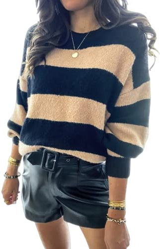 HEYPORK Damen Herbst Winter Warm Bequem Pullover Casual Mode Strickjacke Strickpullover Frauen Gestreifte Mode Persönlichkeit Pullover Dünn Stricken Pullover Bottoming Shirt(Schwarz, XL)