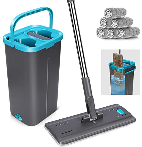 MASTERTOP Balai Serpillère et Seau Essoreur, Seau Balai Serpillière Rotatif 360°, Balai Microfibre Plat, Vadrouille Mains Libre pour Nettoyage Sol, avec 6 Tampons Réutilisables (Gris foncé)