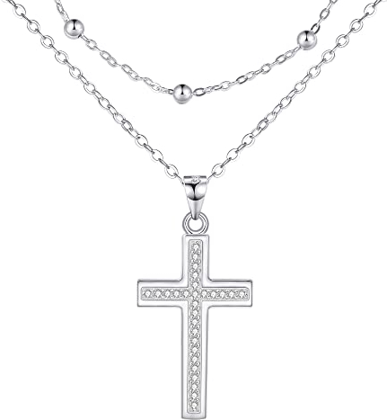 REIOT Kreuz Kette Damen 925 Sterling Silber Doppel Layered Halskette mit Zirkonia 3A, Valentinstag Muttertag Geburtstag Geschenk, verstellbar 45+5cm