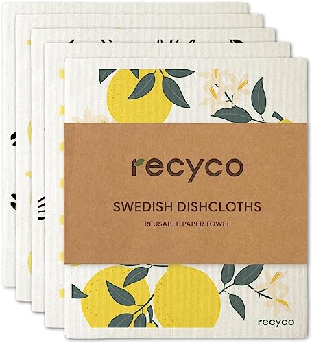 RECYCO Schweden Geschirrtücher 5 Stück 17.1x19cm, Wiederverwendbar Waschbar Spültuch/Schwammtücher/Spüllappen/Küchenlappen/Abwaschlappen/Waschlappen, Fruchtmuster