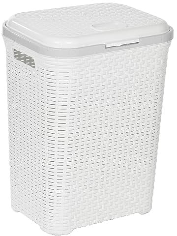 URBNLIVING 55L Plastic Rattan Dirty Laundry Clothes Washing Bin Basket Storage Organiser (White)