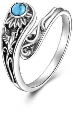 POPLYKE Sterling Silver Hummingbird Turquoise Spoon Ring Vintage Hummingbird Thumb Rings Boho Adjustable Open Ring Statement Jewelry Gifts for Women
