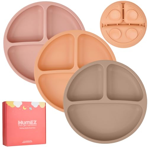 MumEZ Lot de 3 assiettes à ventouse pour bébé en silicone pour nourriture, plateau de chaise haute, incassables, portables, antidérapantes (café + chair + rose)