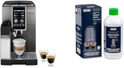 De'Longhi Dinamica Plus ECAM380.95.TB, Kaffeevollautomat mit LatteCrema Milchsystem, One-Touch-Cappuccino, mit 24 Rezepten, 3,5-Zoll TFT-Farbdisplay, 1450W, Titan/Schwarz mit DLSC 500 Entkalker