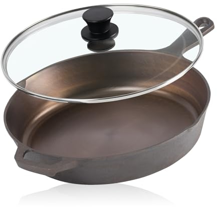 Mahlzeit Sartén de Hierro Fundido Pulido con Tapa 25 cm | Sartén con Dos Boquillas | Sartén con Tapa, Sartén Universal, Sartén para Barbacoa, Fuego | Sartén Redondo con Tapa y Borde Alto