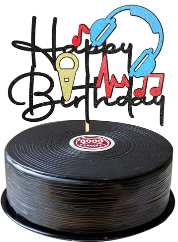 Sotpot 1PCS Music Happy Birthday Cake Toppers Black Glitter Musical Music Themed Party Supplies, Headset Microphone Sign Happy Birthday Cake Topper for Kids's Music Themed Birthday Party
