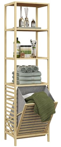 HOMCOM Badregal mit Wäschekorb, Badezimmerregal mit 3 Ebenen, Ausziehbarem Stoffkorb, Badschrank mit Kippschutz für Wohnzimmer, Badezimmer, Bambus, 44 x 33 x 160 cm