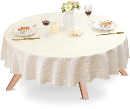 Tischdecke Abwaschbar Rund 140cm, Polyester Tafeldecke Jacquard, Gartentischdecke Rund, Damast TischdeckeFüR Drinnen Und DraußEn,Tischdecke Rund Schmutzabweisend Pflegeleicht (Beige)