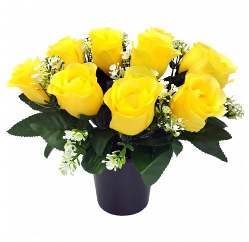 Caliko - Artificial Flowers for Graves - 12 Head Yellow Flower Pots | Perfect for Enhancing Memorial & Cemetery Decor | Improved Design for Funeral Elegance and Lasting Tribute.