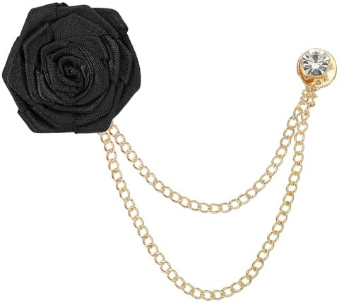 QUARKZMAN Broches de Marié en Forme de Rose, Taille 1,57 Pouce en Alliage de Tissu avec Chaîne à Pompon/Épingle de Costume pour Hommes de Mariage, 1 Pièce Noire