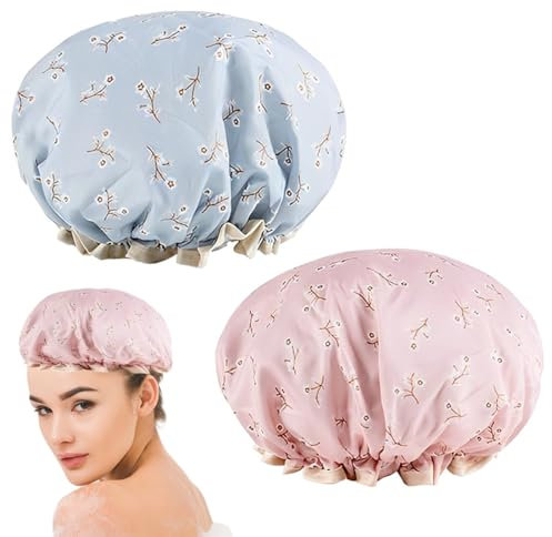 2 gorros de ducha impermeables, Gorro de Baño Elástico con Doble Cape, banda elástica de doble capa, con volantes, gorro de ducha reutilizable, unisex, adecuado para baño, spa