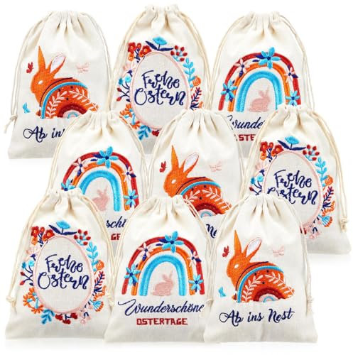Gulfmew 9 Stück Leinensäckchen mit Bestickung Osterverpackung Geschenkverpackung Tischdeko Stoffsäckchen zu Ostern - Boho - 18 x 13 cm