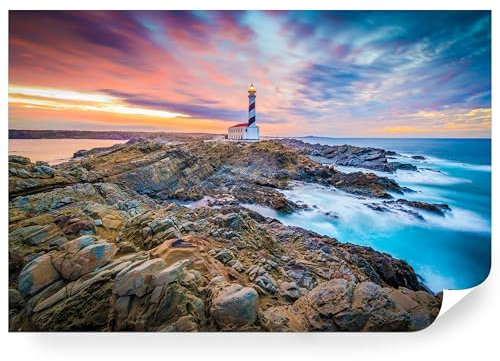 Fototapete Meer Vlies - Vliestapete Tapete Wandtapete Motivtapeten Vliestapeten Wohnzimmer Schlafzimmer Bildtapete Natur Landschaft Leuchtturm Menorca Sonnenuntergang 180x120cm
