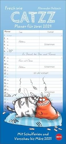 Catzz Planer für zwei 2024. Lustiger Wandplaner für zwei. Partnerkalender mit 2 Spalten. Terminkalender mit witzigen Cartoon-Katzen. Wandkalender für 2 Personen.