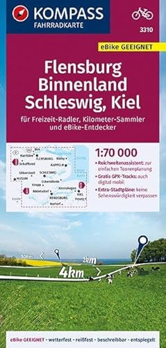 KOMPASS Fahrradkarte Flensburg Binnenland, Schleswig, Kiel 1:70.000, FK 3310: reiß- und wetterfest mit Extra Stadtplänen (KOMPASS-Fahrradkarten Deutschland, Band 3310)
