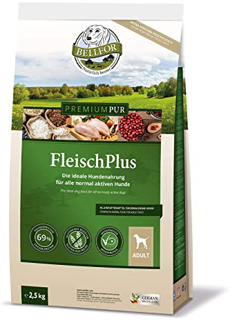 Bellfor Premium PUR FleischPlus Glutefrei Hundefutter mit Hohem Fleischanteil Die ideale Nahrung für alle normal aktiven Hunde 2,5 kg