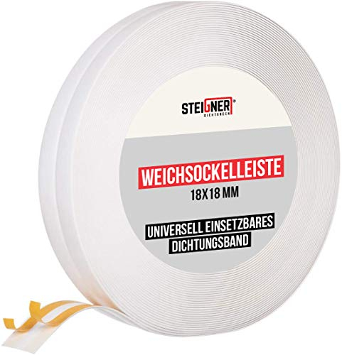 STEIGNER Bande Sanitaire souple Auto-adhésive Blanche, Bande Cassée pour Salles de Bains en PVC, 18x18 mm, 5 m
