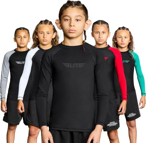 Elite Sports Rash Guards for Boys and Girls, Full Sleeve Compression BJJ Kids and Youth Rash Guard