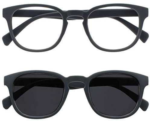 OPULIZE POP Lesebrille für Damen und Herren mit Lesesonnenbrille - 2er Pack - Lustige Runde Brille Matt - Getönte Gläser mit UV400 - Federscharniere - Grau Grau Sonnenbrille +2.50