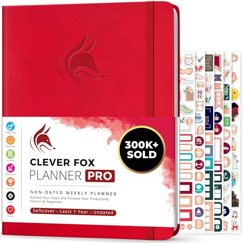 Clever Fox Planner PRO, Undated Weekly Planner, 21.5x28cm Red | Large monthly & weekly life planner, undated layout, habit tracker, goal setting, to-do list, 120gsm paper, lay-flat binding
