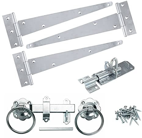 Infinity Decor Garden Gate Kit 12” Tee Hinges (3) Plain Ring Latch, Brenton Bolt Wooden Barn, Shed Doors, Garage Gate Fittings Kit Galvanized Zinc