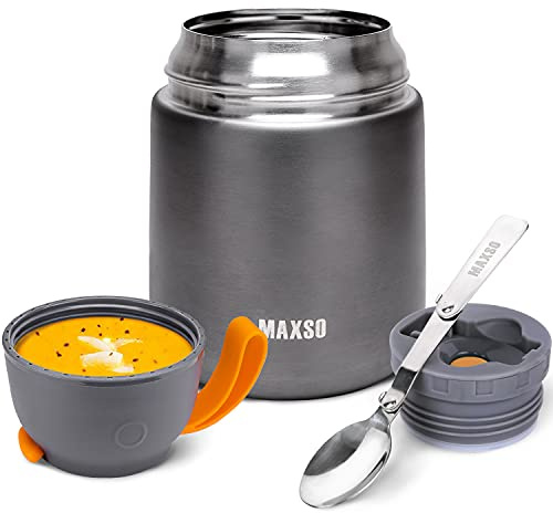 MAXSO Suppen-Thermoskanne für heiße Speisen, 482 ml, Edelstahl, vakuumisoliert, Lunch-Behälter, Bento-Box mit Löffel für Kinder und Erwachsene, Picknick, Reisen – Grau