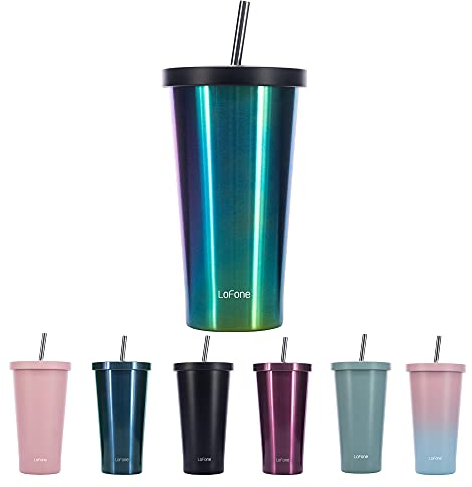 LoFone Isolierter Thermobecher mit Strohhalm, 500ml Doppelwandiger Thermobecher, Edelstahl-Kaffeetasse für eisige oder heiße Getränke (Prisma)