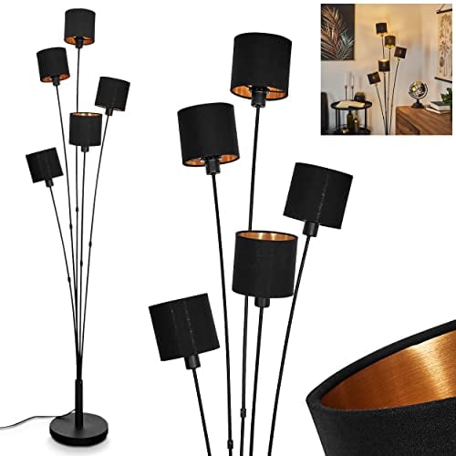 HOFSTEIN Stehleuchte Alsen, runde Bodenlampe aus Metall in Schwarz und Stoffschirmen in Schwarz/Goldfarben, 5-flammige Standlampe, 5 x E14, mit Fußschalter am Kabel, ohne Leuchtmittel