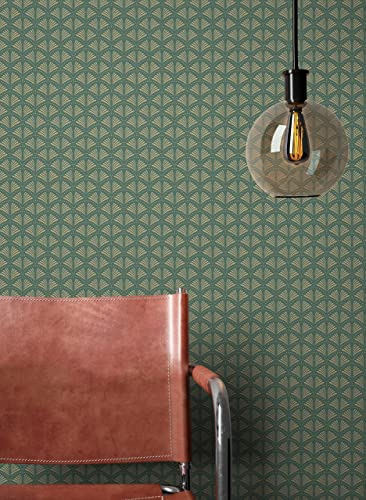 Newroom Tapete Grün Vliestapete Glänzend - Mustertapete Glamour Gold Ornament Pfauenfeder Grafisch inkl. Tapezier-Ratgeber