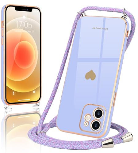 Wirvyuer Handyband Kompatibel mit iPhone 12 Handyhülle Necklace Hülle mit Band zum Umhängen Kameraschutz Liebesherz Schutzhülle mit Halsband Galvanik Silikon Umhängetasche für iPhone 12 Lila