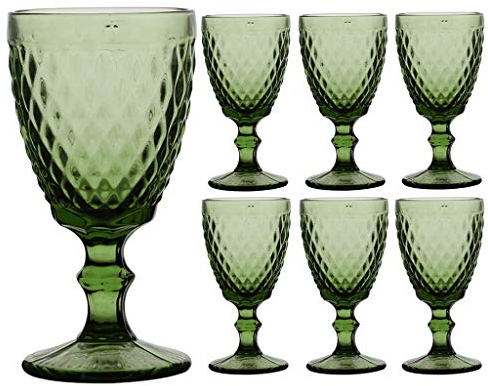 Set of 6 Wine Glasses Green Diamond Embossed Dishwasher Safe 270ml Wine Glass Goblets