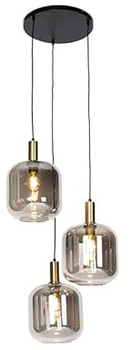 Qazqa Smart Esstisch led Design Pendelleuchte, Pendellampe - Zuzanna - Schwarz mit Rauchglas, Rund, 2700K - 6500K, dimmbar, 3-flammig, 60cm, Ideal als Esszimmerlampe, Küche lampe, Schlafzimmerlampe