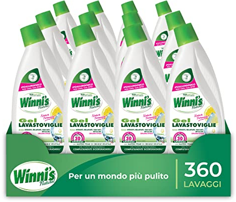 Winni's - Detersivo Gel Lavastoviglie Ipoallergenico, 360 Lavaggi, Azione Detergente, Sgrassante e Brillantante, Fragranza di Limone, con Materie Prime di Origine Vegetale, 750 ml x 12 Confezioni