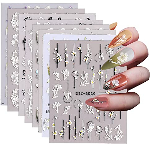 Nagelsticker Selbstklebend 8 Blatt 5D Nail Art Sticker, Blumen Nagelaufkleber, 5D Stereoskopisch Nagelsticker Nagel Stickers Nageldesign Nagelfolie Selbstklebend Nagelfolien für DIY Nagel Dekoration