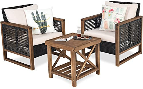 COSTWAY Ensemble de Meubles 3 Pièces de Patio en Rotin Charge 160KG, Salon de Jardin 2 Fauteuils Table Basse en Bois d’Acacia avec Coussins Lavables Accoudoirs pour Jardin Balcon (Beige)