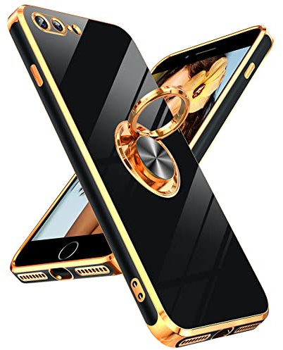 LeYi for iPhone 8 Plus Case,iPhone 7 Plus Case,Heavy Duty Protection Cover with Built-in Ring Holder,[Shiny Plating Gold Edge] Flexible Silicone Lightweight Luxury Phone Case,Black