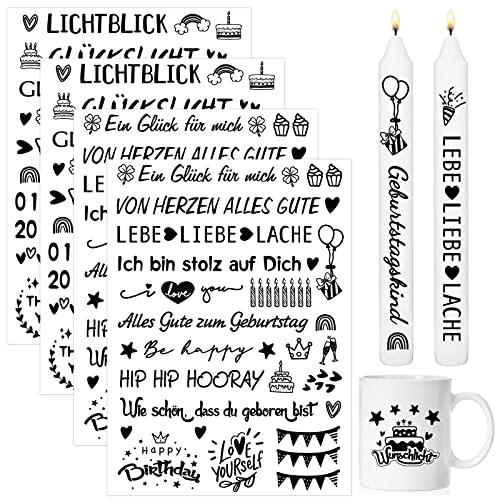 BETESSIN 4x Kerzentattoos Geburtstag Rub on Sticker Kerzen Tattoofolie für bis zu 60 Kerzen Aufkleber Kerzensprüche Happy Birthday Wasserschiebefolie Kerzensticker DIY Kerzen Tassen Geschenk C