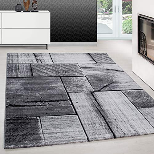 Teppium Moderner Kurzflor Teppich Wohnzimmer 300x400 (280 x 370 cm) Schwarz - Teppich Waschbar, 3D-Holzdesign, Pflegeleicht und Weich - Ideal für Schlafzimmer, Esszimer und als Küchenteppich