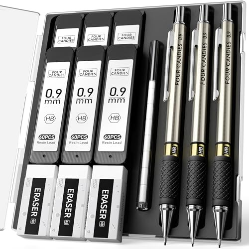 Four Candies Lot de 3 porte-mines en métal de 0,9 mm, crayons mécaniques avec 360 mines HB, 3 gommes et étui, porte-mines pour écrire et dessiner pour ingénieurs, 0.9mm, Noir