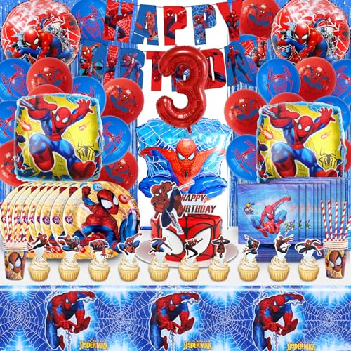 Spiderma 3 Ans Decoration Anniversaire Cumpleaños Spiderma, 110PCS kit 3 años Globos Cumpleaños, Vajilla infantil, Platos, Tazas, Mantel, Servilletas